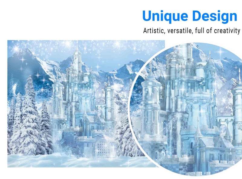 Funnytree 10x8FT Winter Castle Photography Backdrop Blue Ice Forest Wonderland Background Snow Mountian Pine Tree Baby Shower Kids Birthday Party Supplies Decoration Photo Booth Prop - Image 2